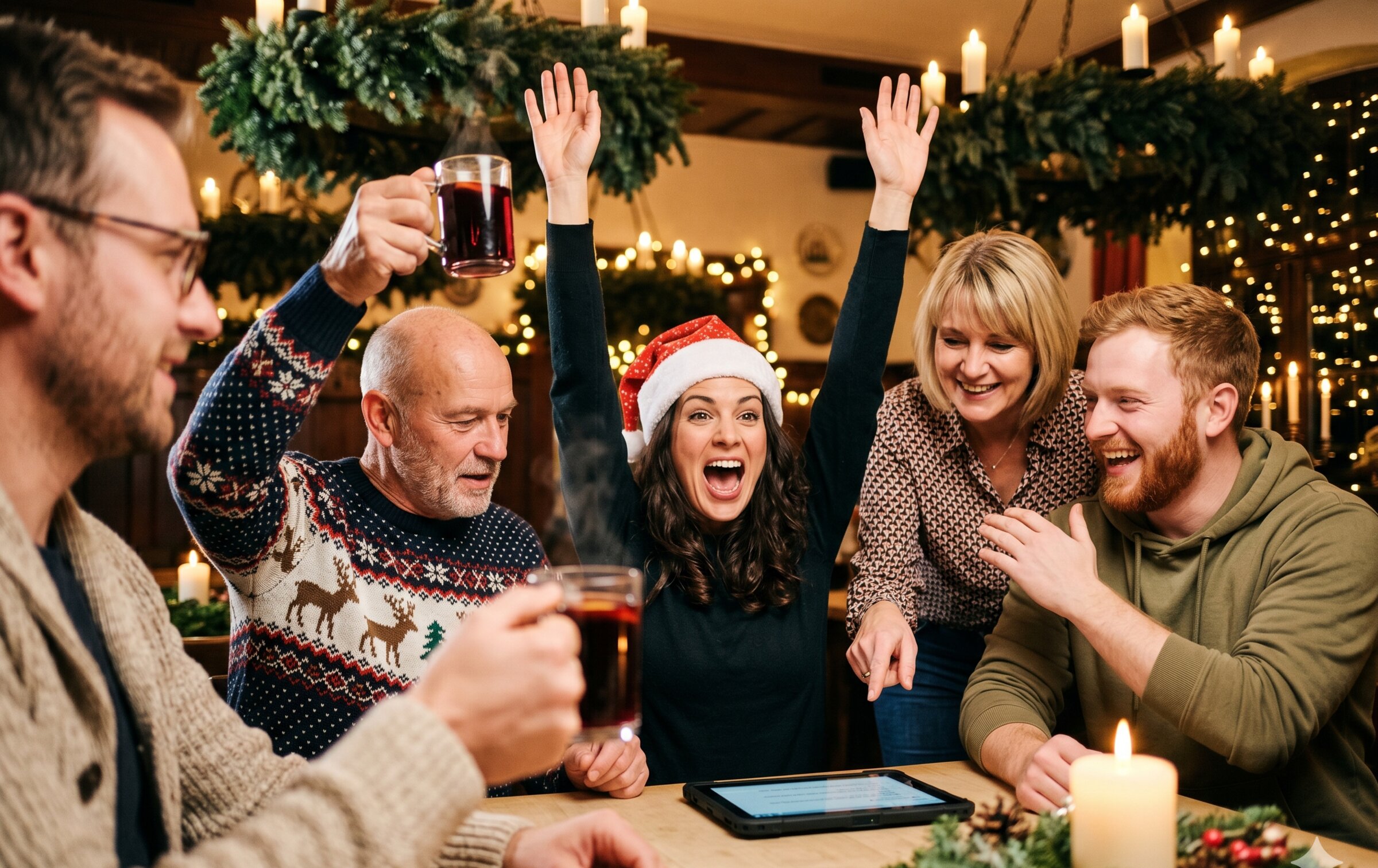 Weihnachts-Quizshow: Tablet während des Teamevents
